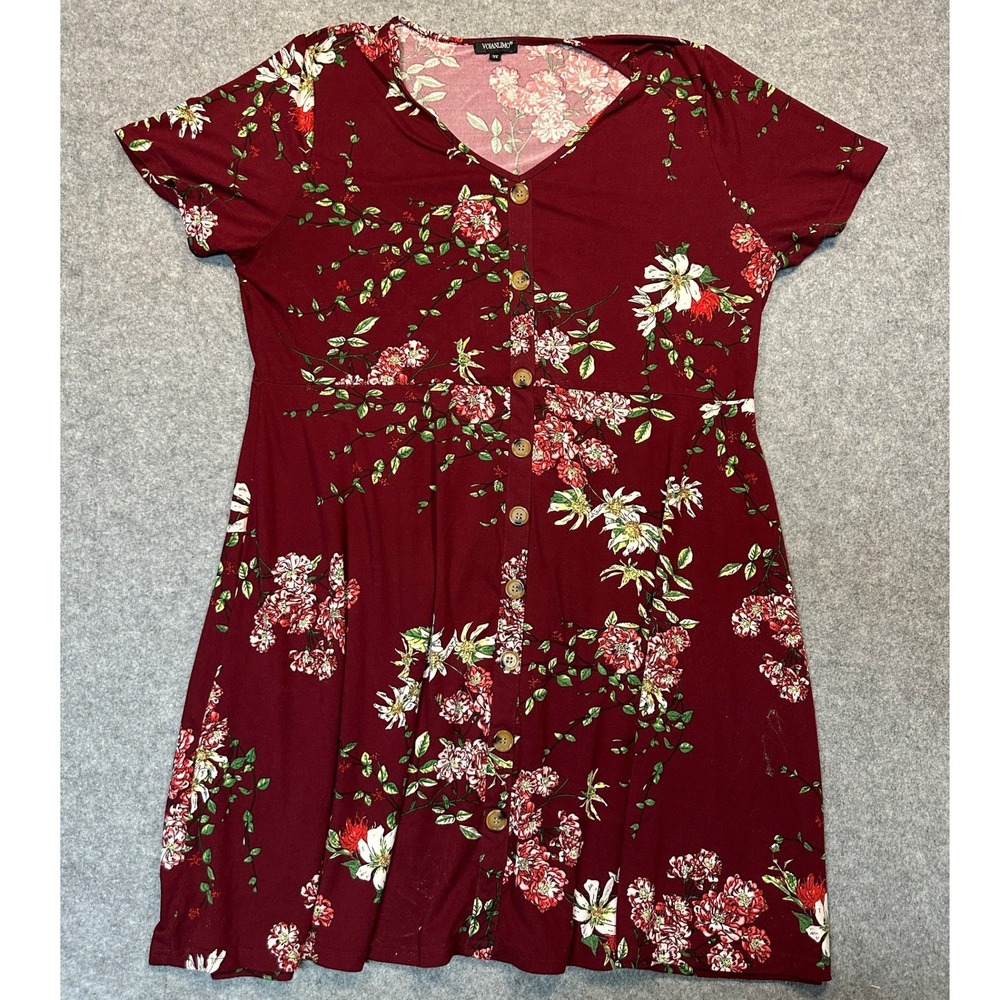 Voianlimo Floral Button Front Dress‎ 3X Burgundy Botanical Print Stretch Jersey